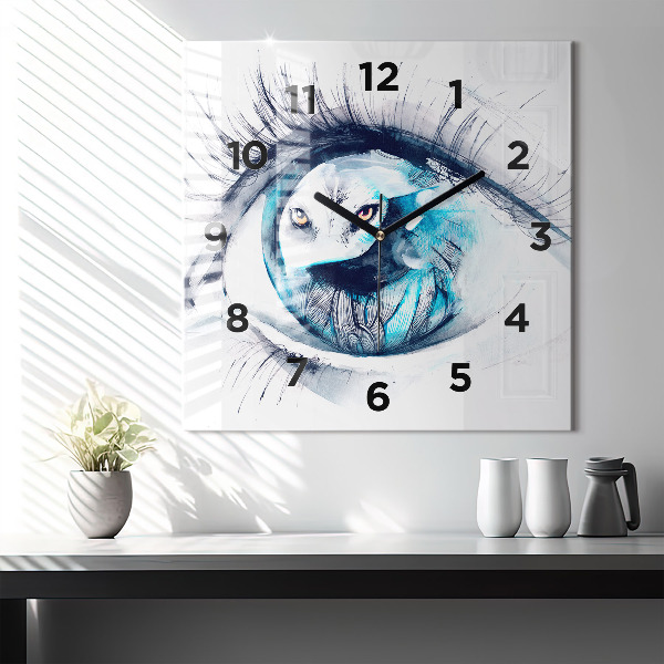 Square glass wall clock Wolf Eye Illustration