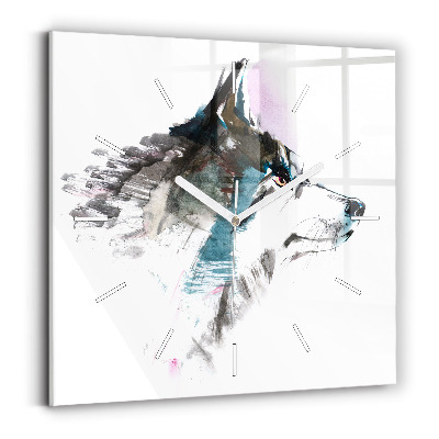 Square glass wall clock Painted Wolf Profile