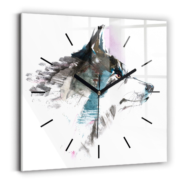 Square glass wall clock Painted Wolf Profile