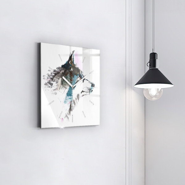 Square glass wall clock Painted Wolf Profile
