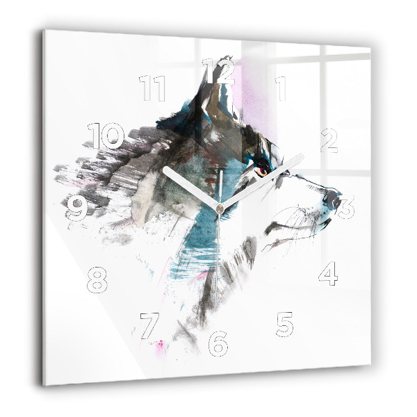 Square glass wall clock Painted Wolf Profile