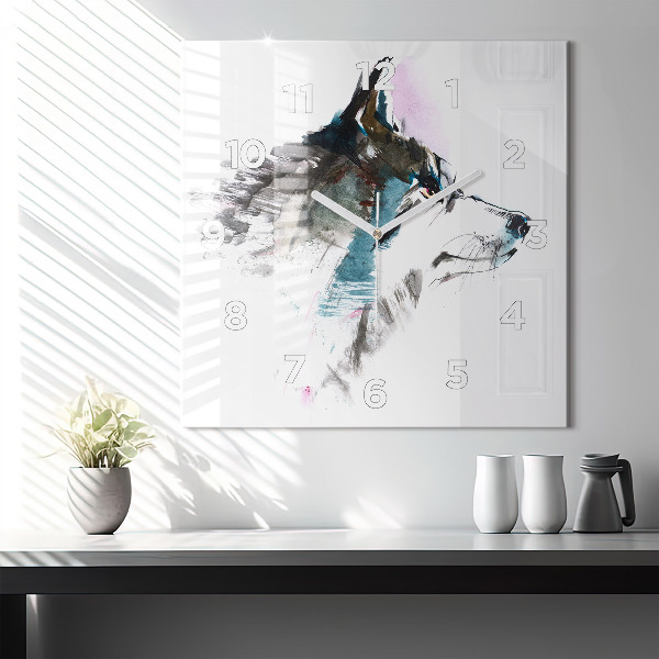 Square glass wall clock Painted Wolf Profile