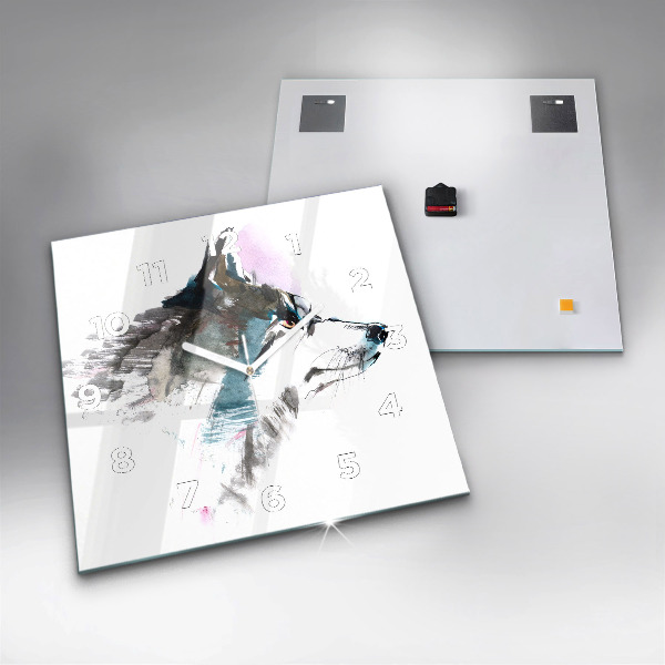 Square glass wall clock Painted Wolf Profile