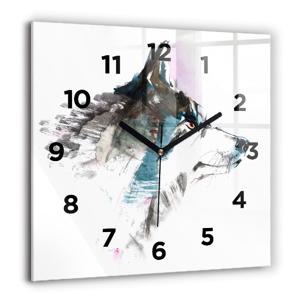 Square glass wall clock Painted Wolf Profile