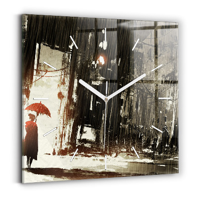 Square glass wall clock Woman on a rainy night