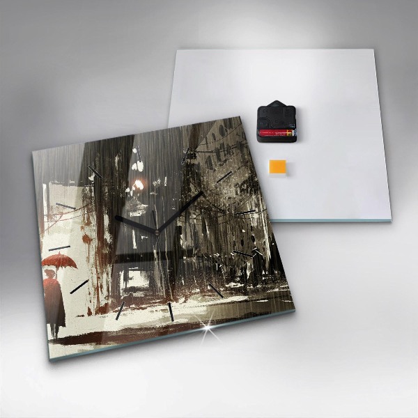Square glass wall clock Woman on a rainy night