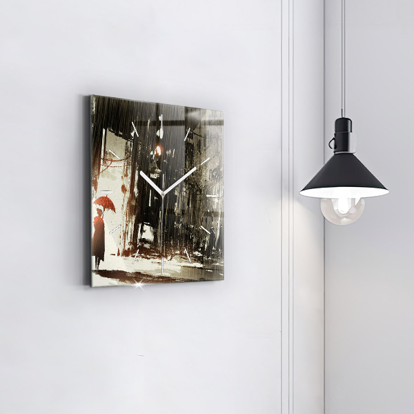 Square glass wall clock Woman on a rainy night