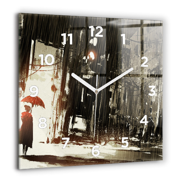 Square glass wall clock Woman on a rainy night
