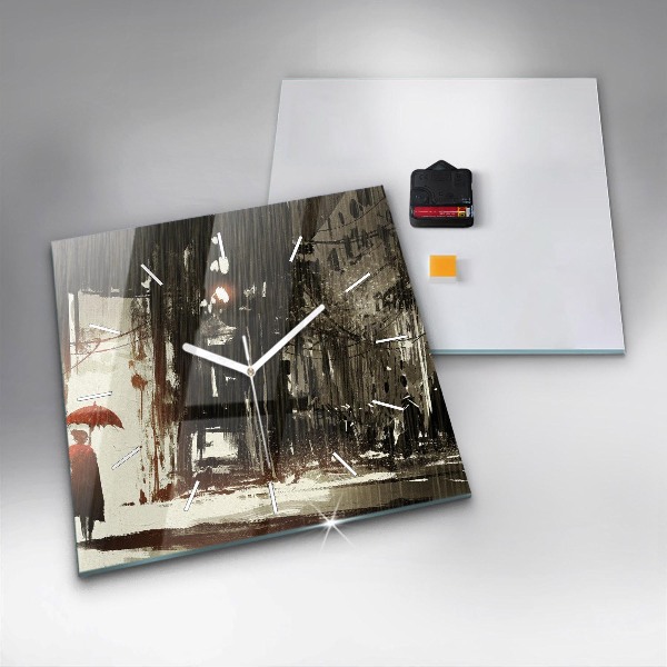 Square glass wall clock Woman on a rainy night