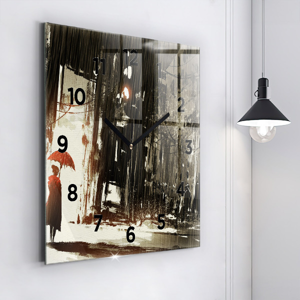 Square glass wall clock Woman on a rainy night