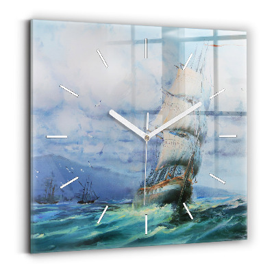 Square glass wall clock A ship on the water