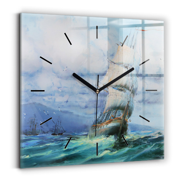 Square glass wall clock A ship on the water