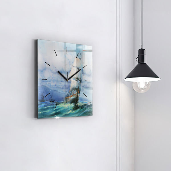 Square glass wall clock A ship on the water