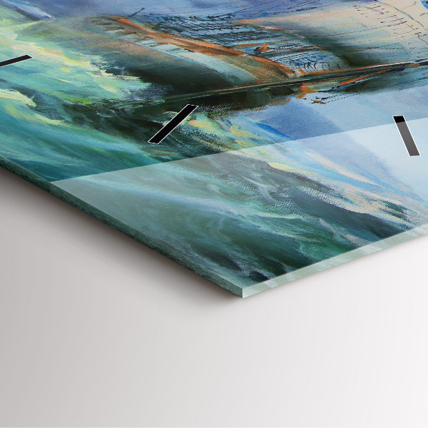 Square glass wall clock A ship on the water