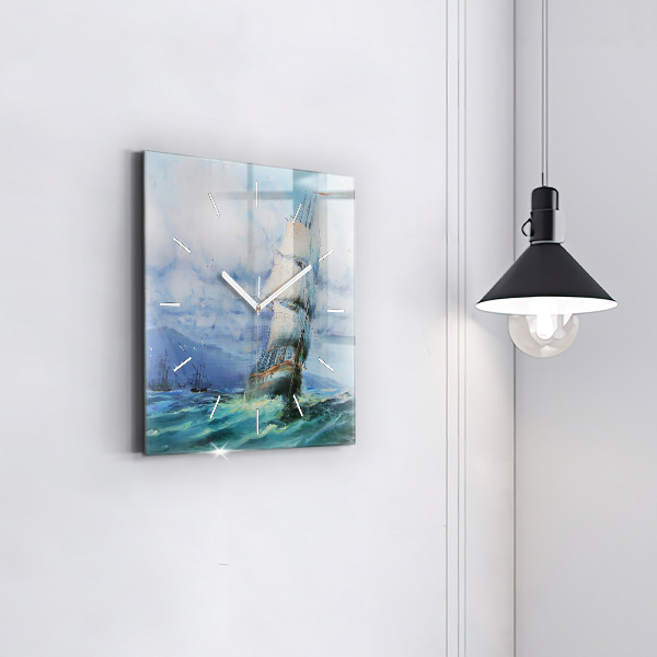 Square glass wall clock A ship on the water
