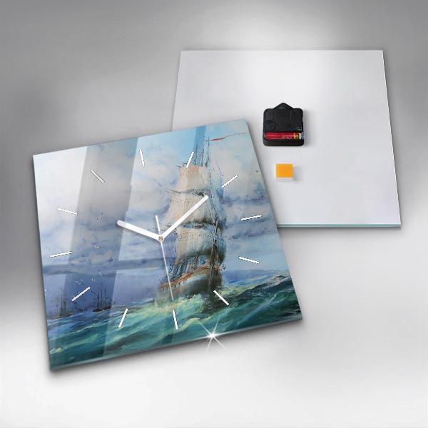 Square glass wall clock A ship on the water