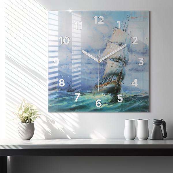 Square glass wall clock A ship on the water