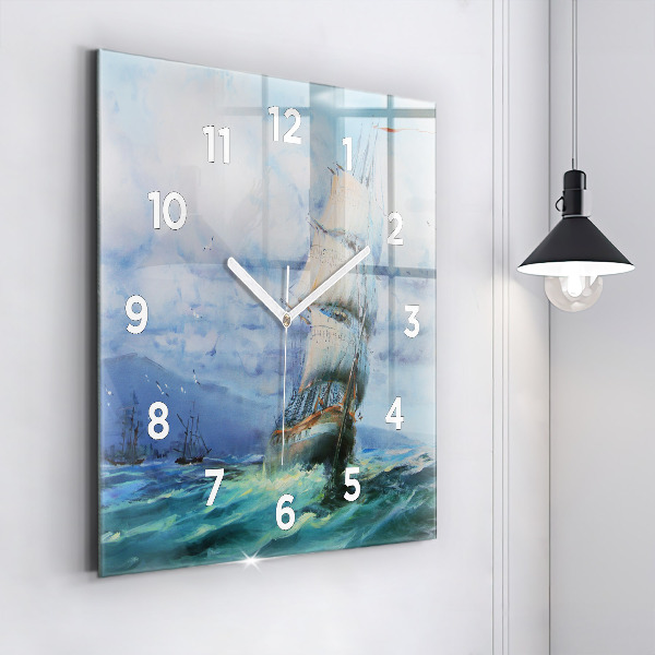 Square glass wall clock A ship on the water