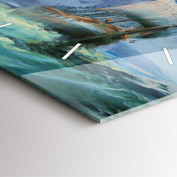 Square glass wall clock A ship on the water