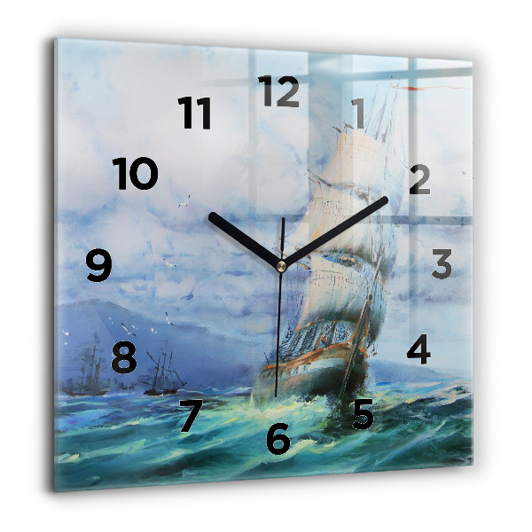 Square glass wall clock A ship on the water