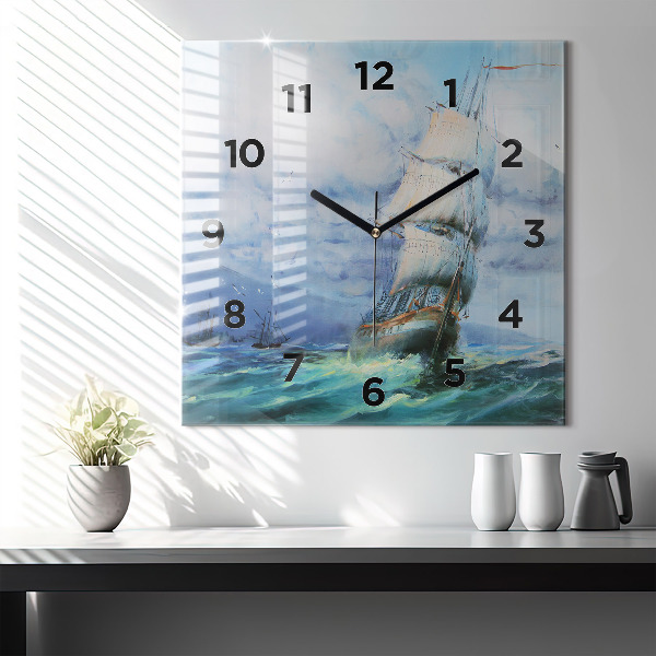 Square glass wall clock A ship on the water