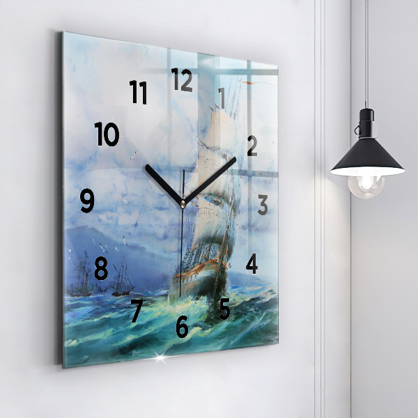 Square glass wall clock A ship on the water