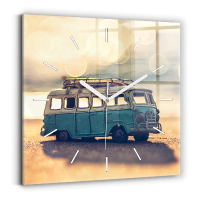 Square glass wall clock Camper on the beach