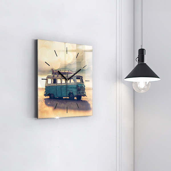 Square glass wall clock Camper on the beach