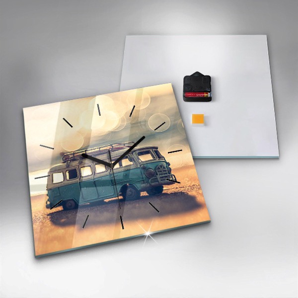 Square glass wall clock Camper on the beach