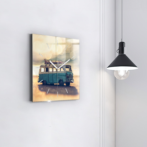 Square glass wall clock Camper on the beach