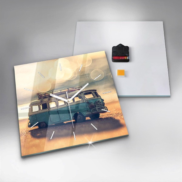 Square glass wall clock Camper on the beach