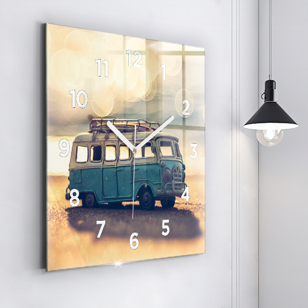 Square glass wall clock Camper on the beach