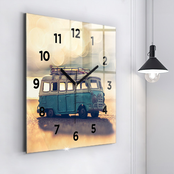 Square glass wall clock Camper on the beach