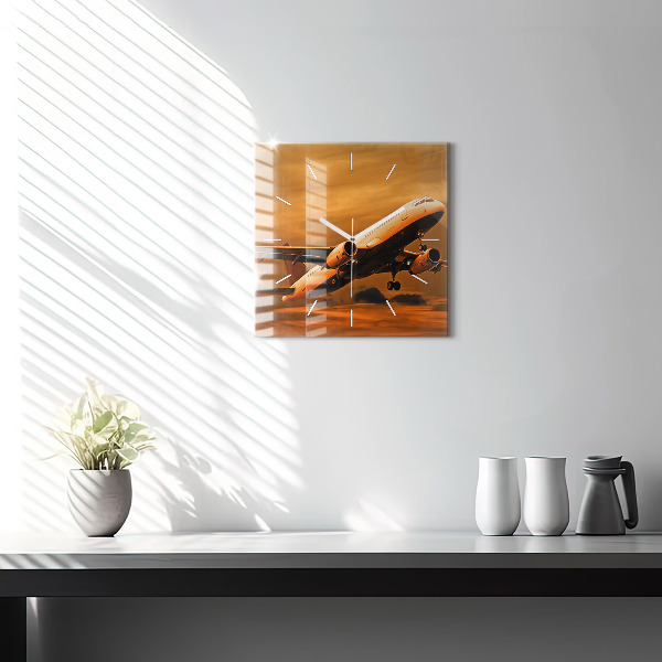 Square glass wall clock Travel by plane