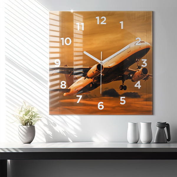Square glass wall clock Travel by plane