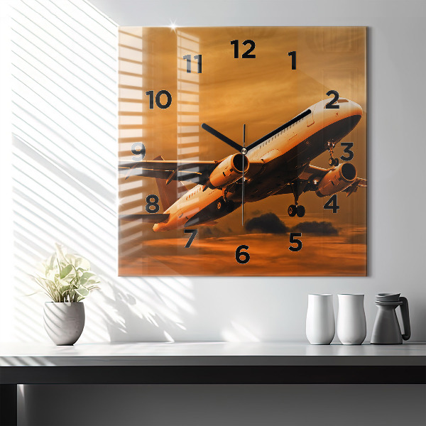 Square glass wall clock Travel by plane
