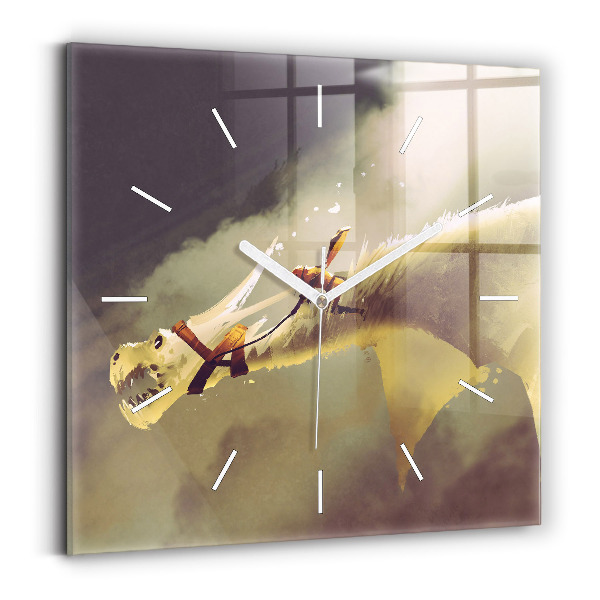 Square glass wall clock Dragon Rider Illustration