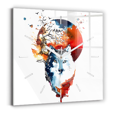 Square glass wall clock The Wolf and the Full Moon