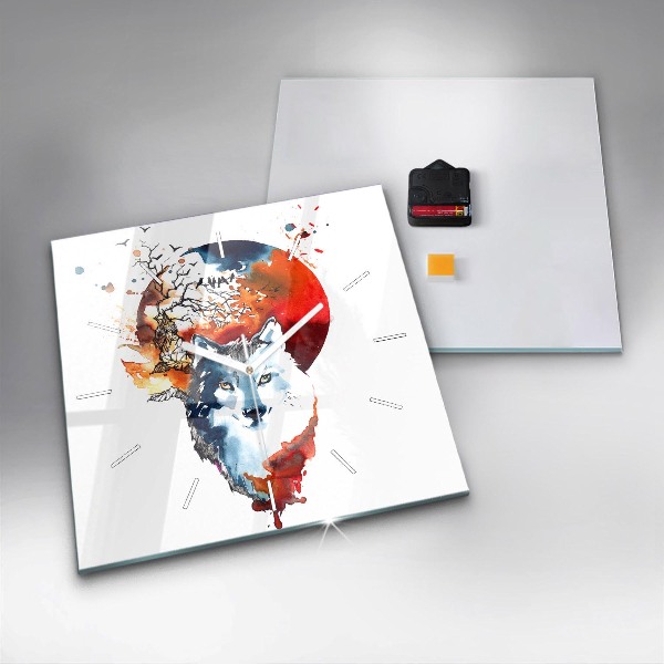 Square glass wall clock The Wolf and the Full Moon