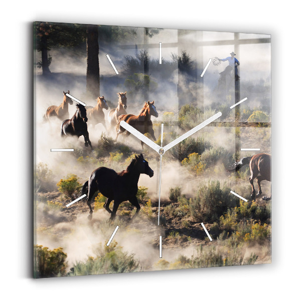 Square glass wall clock A herd of rushing horses