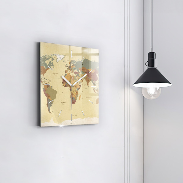 Square glass wall clock Vintage World Map