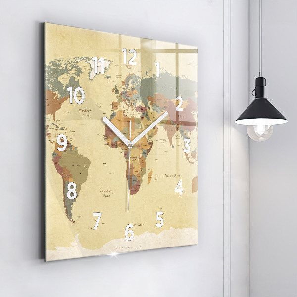 Square glass wall clock Vintage World Map
