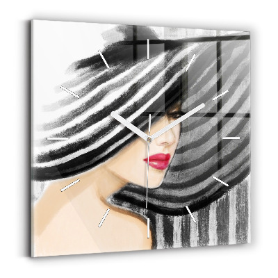 Square glass wall clock Woman in Black and White