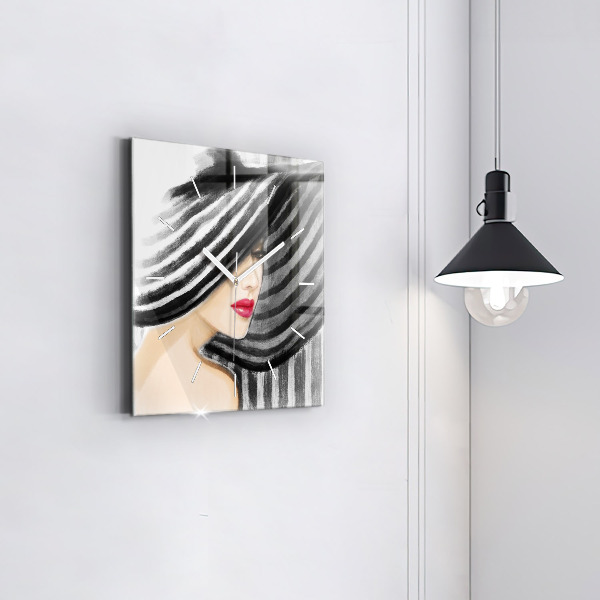 Square glass wall clock Woman in Black and White