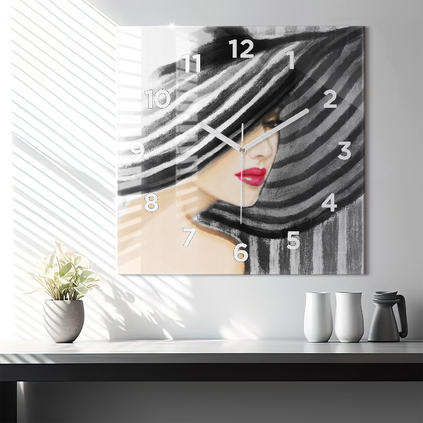 Square glass wall clock Woman in Black and White