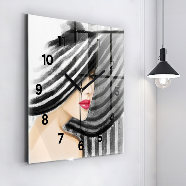 Square glass wall clock Woman in Black and White