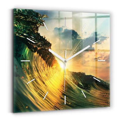 Square glass wall clock Waves Sunset Perspective