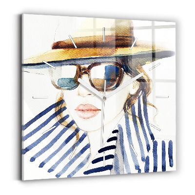 Square glass wall clock Face with glasses and hat