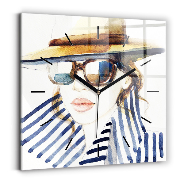 Square glass wall clock Face with glasses and hat
