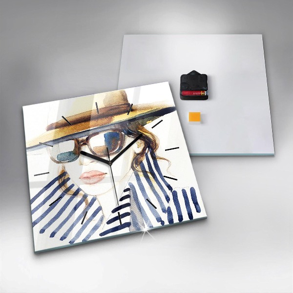 Square glass wall clock Face with glasses and hat